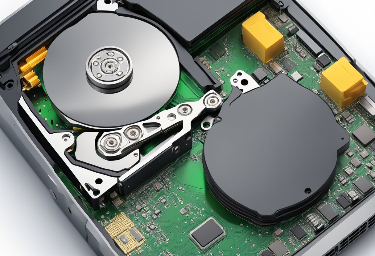 A computer hard drive with a visible circuit board and storage chips, alongside a solid-state drive, with a focus on the internal components and data storage technology